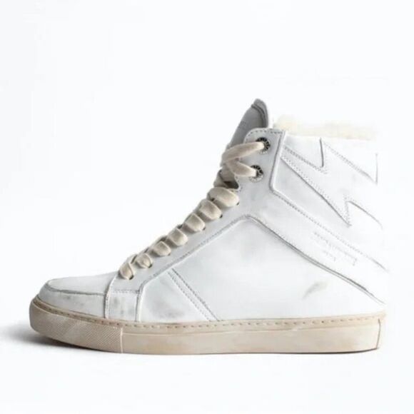 NWT New ZADIG & VOLTAIRE High Flash Distressed SHEARLING Sneakers 37 US(6.5-7) - Picture 2 of 14